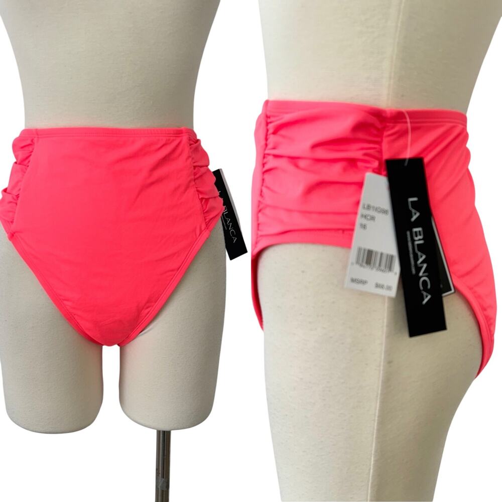 La Blanca Tummy Control High-Waisted Ruched Bikini Bottom Neon Pink 16 NWT